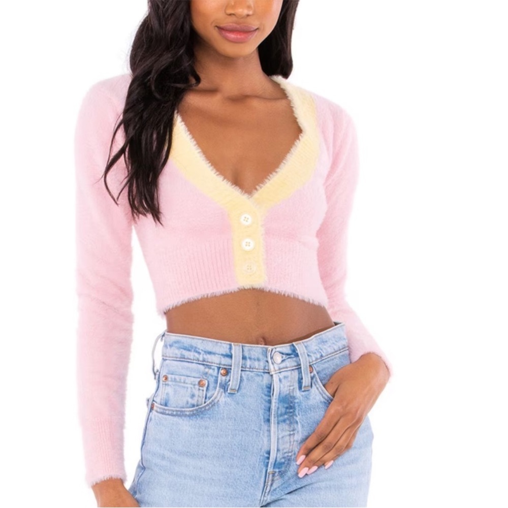 For Love and Lemons Pink and yellow Cropped Cardigan